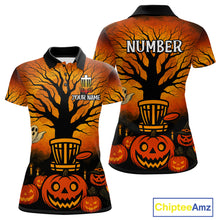 Load image into Gallery viewer, Black and Orange Funny pumpkin Halloween disc golf polo shirts for Women Custom Team Disc Golf attire NQS10677