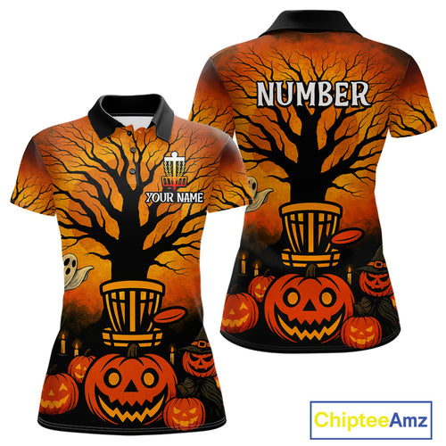 Black and Orange Funny pumpkin Halloween disc golf polo shirts for Women Custom Team Disc Golf attire NQS10677