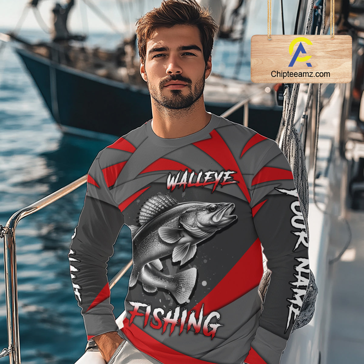 Gray and Red Walleye Fishing Jersey Custom Walleye Fishing Shirt for Team, personalized fishing gifts NQS10899