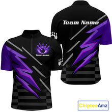 Load image into Gallery viewer, Black and Purple Lightning Bowling Polo, Quarter Zip Shirt for Men Custom Bowling Team League Jersey NQS10907