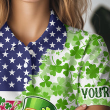 Load image into Gallery viewer, American flag St Patrick day shamrock golf pattern custom Women golf polo shirts, golf outfits ladies NQS9580