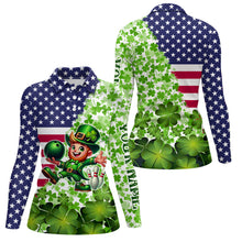 Load image into Gallery viewer, American flag St Patrick day shamrock pattern custom Team Bowling Polo, Quarter Zip shirt for Women NQS9581