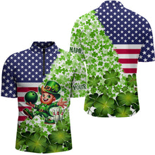 Load image into Gallery viewer, American flag St Patrick day shamrock pattern custom Team Bowling Polo, Quarter Zip shirt for Men NQS9581