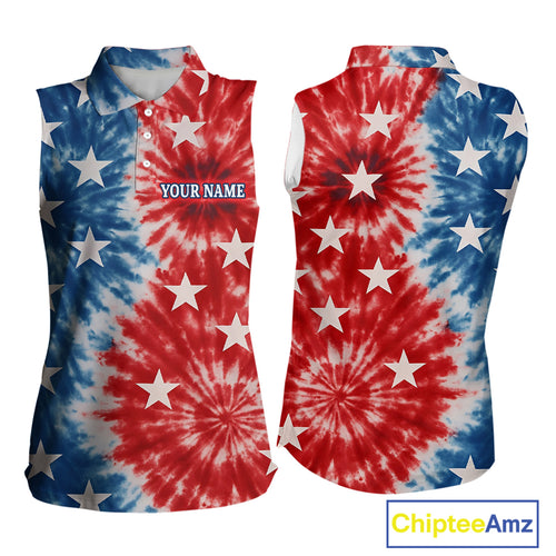 American Flag Tie dye pattern Womens sleeveless golf polo shirt custom patriotic golf attire for ladies NQS9990