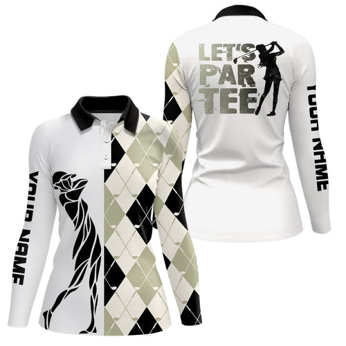 Black and white golf shirt argyle pattern golf clubs custom name Womens golf polo shirts Let's par tee NQS8079