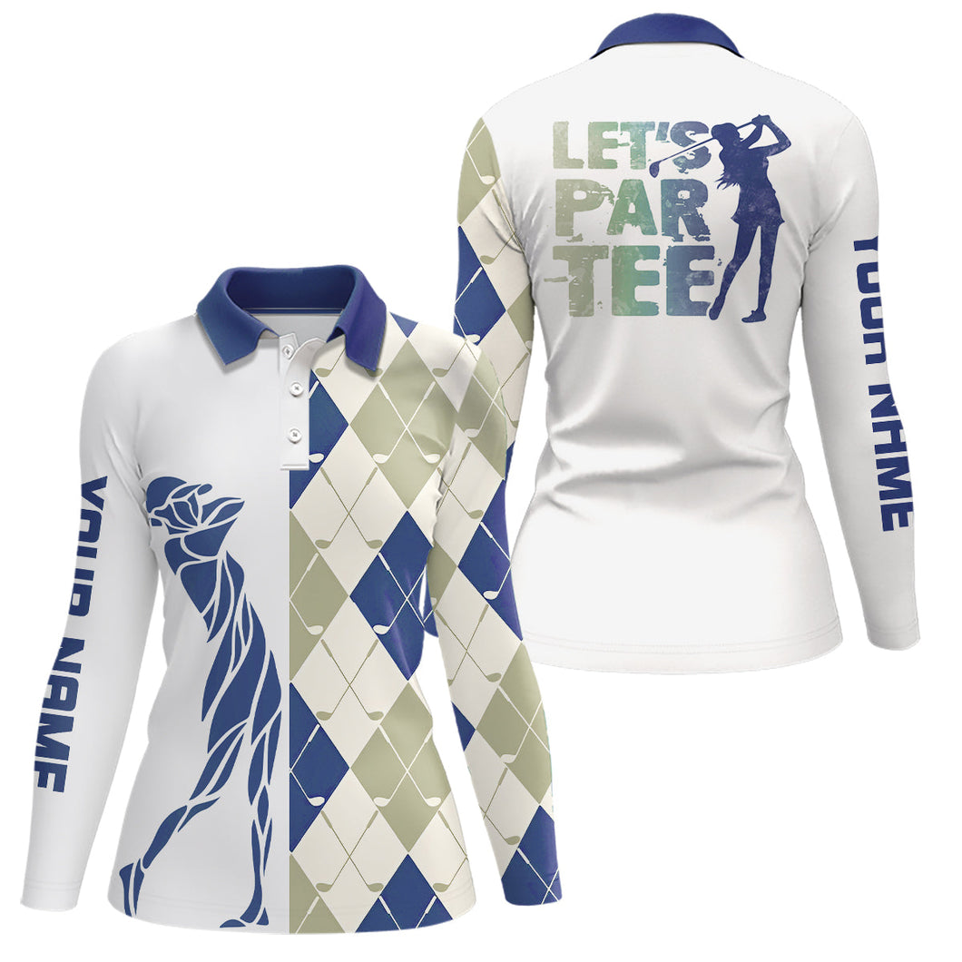 Blue and white golf shirt argyle pattern golf clubs custom name Womens golf polo shirts Let's par tee NQS8078