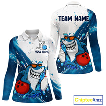 Load image into Gallery viewer, White and Blue Camo Shark Bowling polo, quarter zip shirts for Women Custom funny bowling team shirts NQS10280