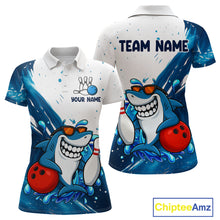 Load image into Gallery viewer, White and Blue Camo Shark Bowling polo, quarter zip shirts for Women Custom funny bowling team shirts NQS10280