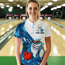 Load image into Gallery viewer, White and Blue Camo Shark Bowling polo, quarter zip shirts for Women Custom funny bowling team shirts NQS10280