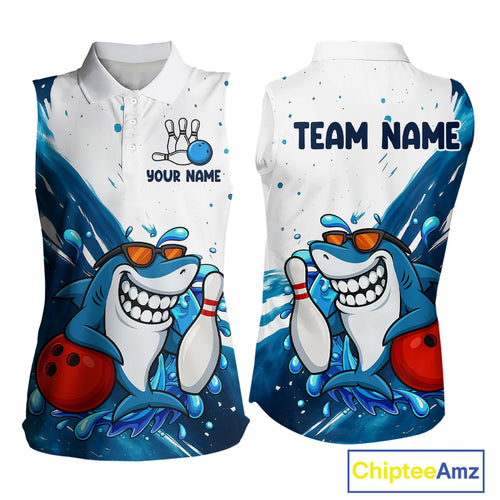 White and Blue Camo Shark Bowling Sleeveless Polo shirt Custom funny bowling team shirts NQS10280