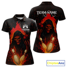 Load image into Gallery viewer, Black and Red Flame Skull Reaper Bowling Shirt For Women Custom Halloween Bowling Team Outfit Jerseys NQS10695