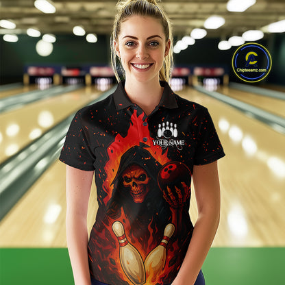 Black and Red Flame Skull Reaper Bowling Shirt For Women Custom Halloween Bowling Team Outfit Jerseys NQS10695