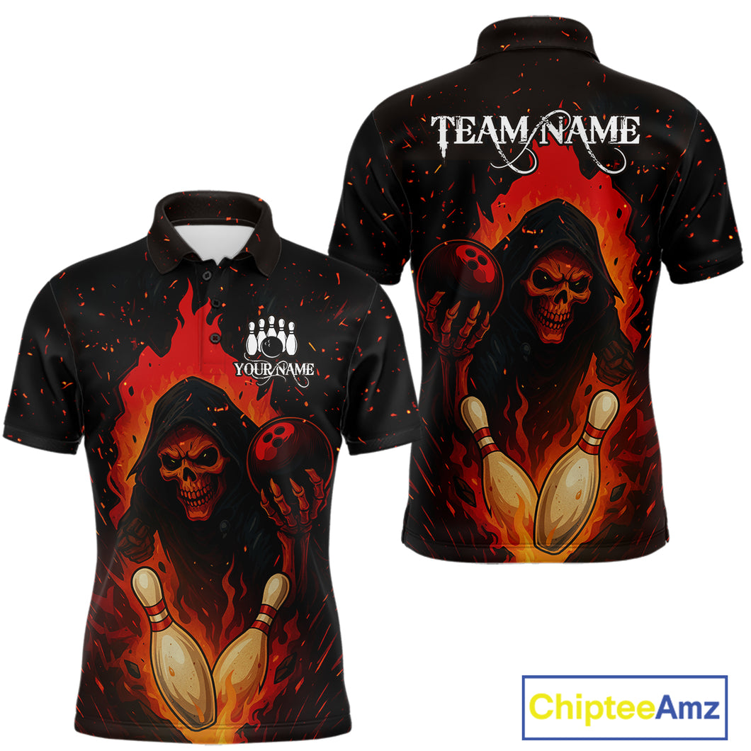 Black and Red Flame Skull Reaper Bowling Shirt For Men Custom Halloween Bowling Team Outfit Jerseys NQS10695