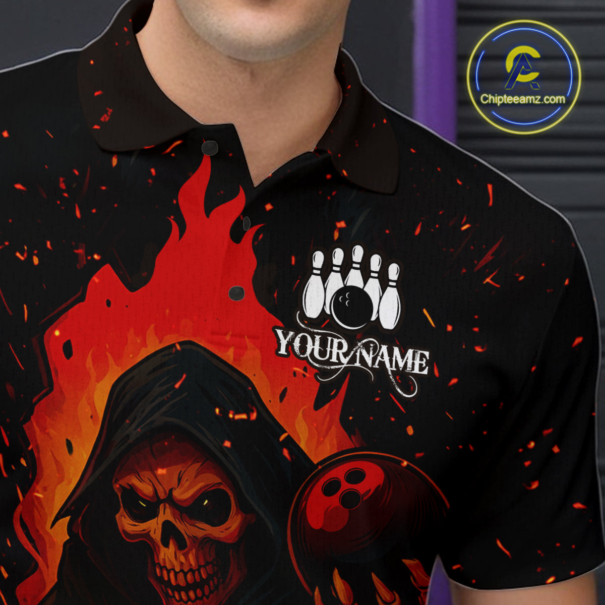 Black and Red Flame Skull Reaper Bowling Shirt For Men Custom Halloween Bowling Team Outfit Jerseys NQS10695