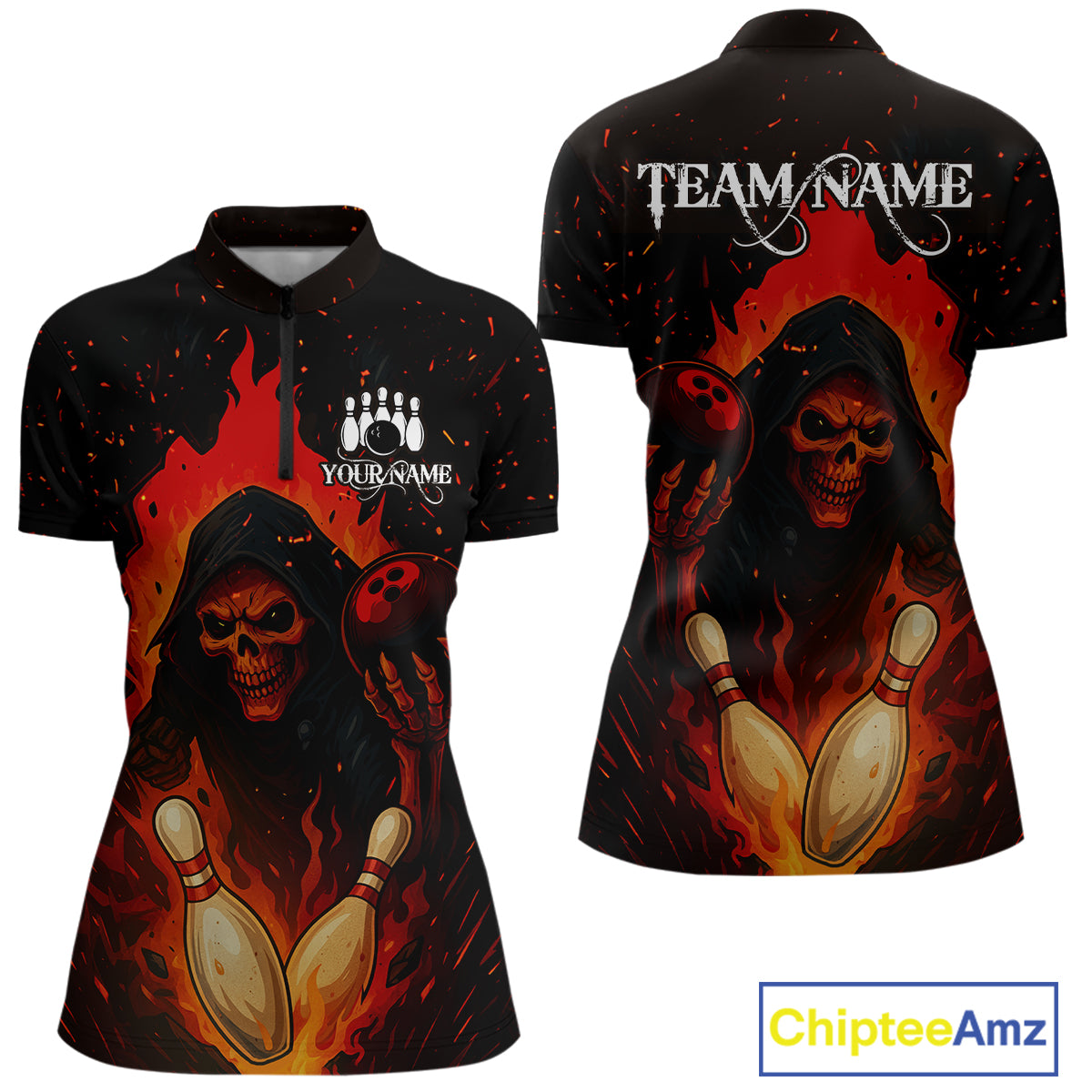 Black and Red Flame Skull Reaper Bowling Shirt For Women Custom Halloween Bowling Team Outfit Jerseys NQS10695