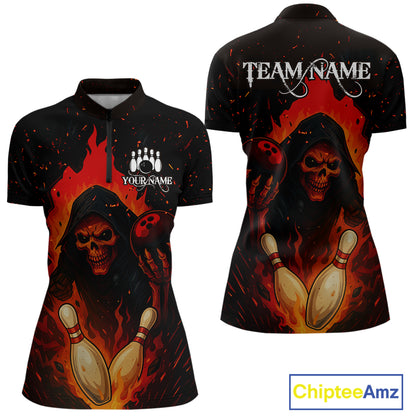 Black and Red Flame Skull Reaper Bowling Shirt For Women Custom Halloween Bowling Team Outfit Jerseys NQS10695