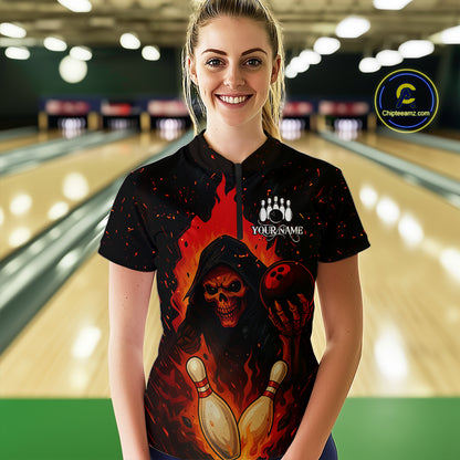 Black and Red Flame Skull Reaper Bowling Shirt For Women Custom Halloween Bowling Team Outfit Jerseys NQS10695