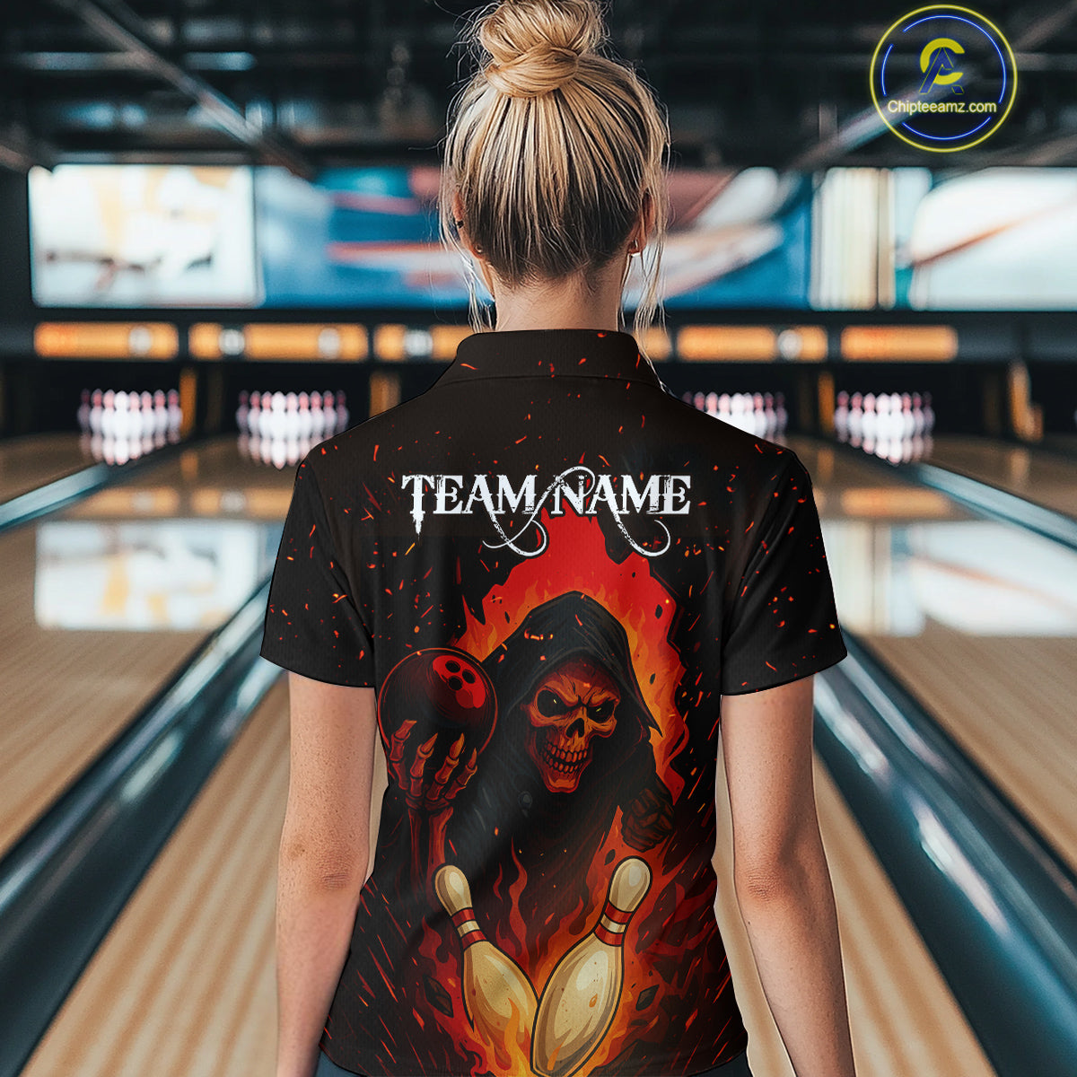 Black and Red Flame Skull Reaper Bowling Shirt For Women Custom Halloween Bowling Team Outfit Jerseys NQS10695