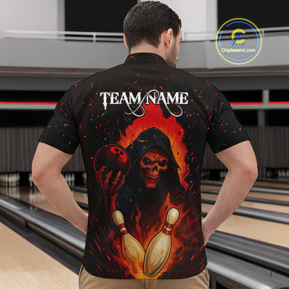 Black and Red Flame Skull Reaper Bowling Shirt For Men Custom Halloween Bowling Team Outfit Jerseys NQS10695