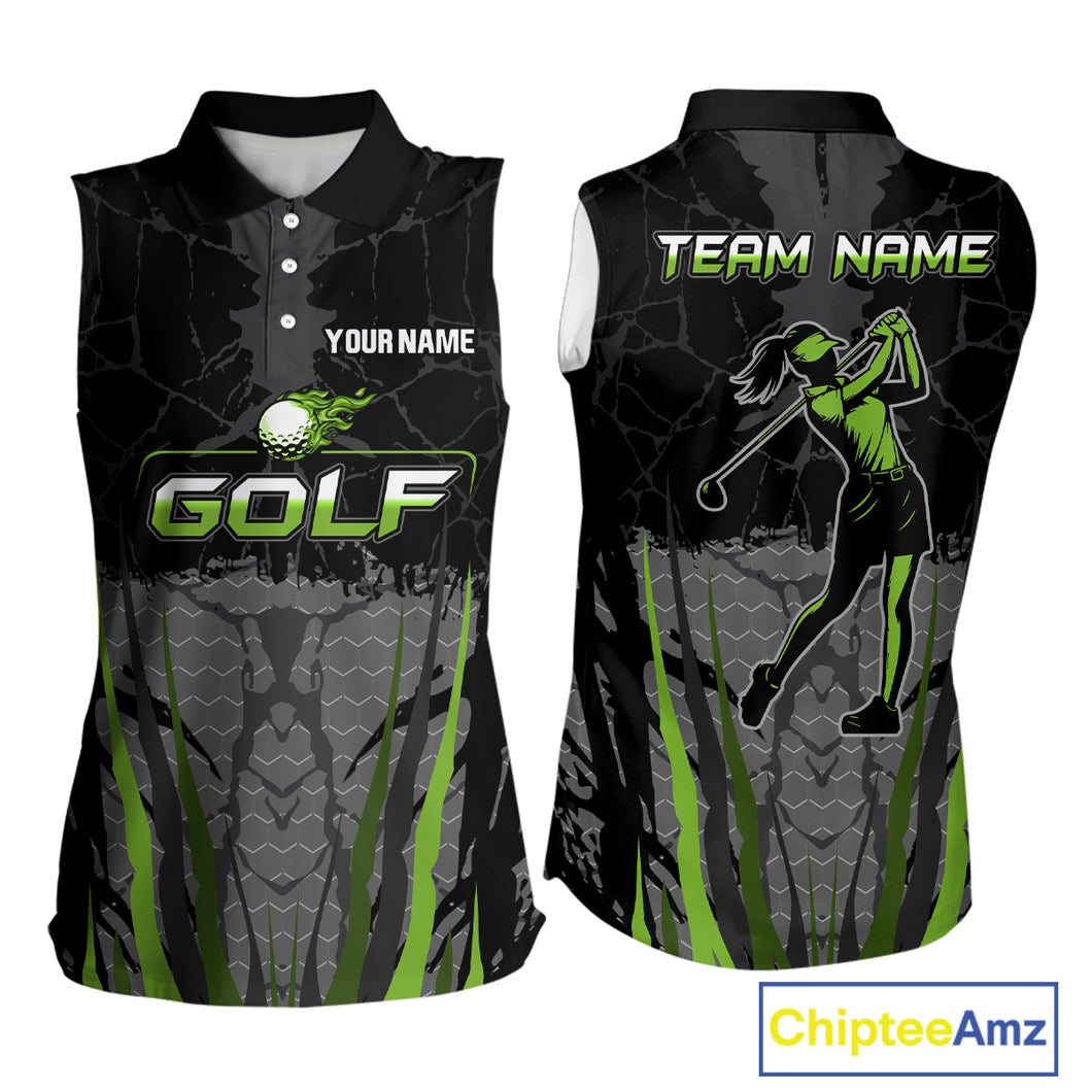 Black Camo Women sleeveless golf polo shirts custom golf attire for ladies, golfing gifts | Green NQS9995