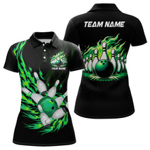Load image into Gallery viewer, Green flame bowling ball and pins custom Womens Bowling Polo Shirts, team ladies bowling jerseys NQS7516