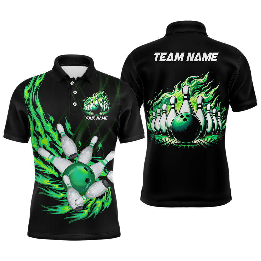 Green flame bowling ball and pins custom Men Bowling Polo Shirts, team mens bowling jerseys NQS7516