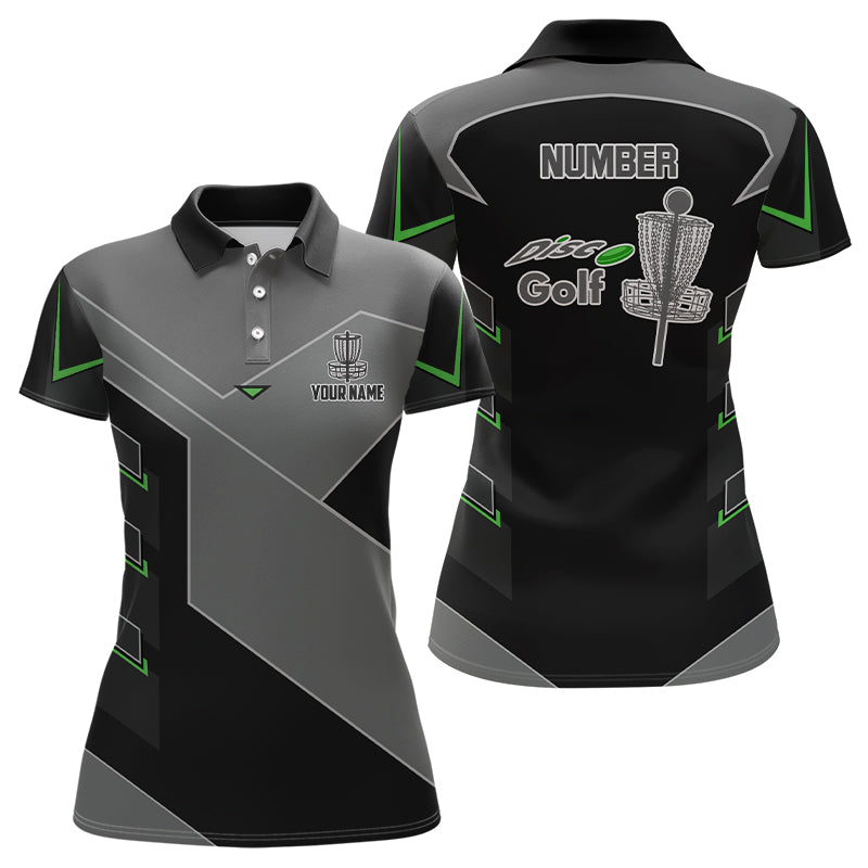 Womens disc golf polo shirt custom name, number black disc golf shirt, disc golf outfit for ladies NQS6194