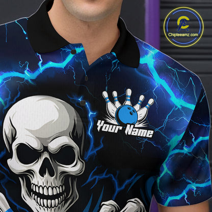 Custom Blue Lightning Thunder Skull Bowling Shirts For Men, Halloween Bowling Team Jerseys NQS10720
