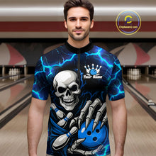 Load image into Gallery viewer, Custom Blue Lightning Thunder Skull Bowling Shirts For Men, Halloween Bowling Team Jerseys NQS10720