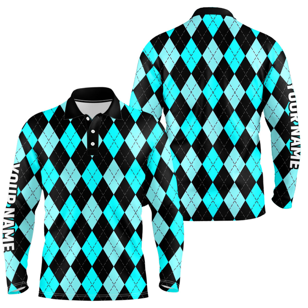 Mens golf polo shirts custom Cyan Blue and black argyle plaid pattern golf attire for men NQS8767
