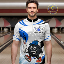 Load image into Gallery viewer, Blue and White Funny Bowling Shirts For Men Custom Team Bowling Polo, 1/4 Zip Jerseys NQS11103