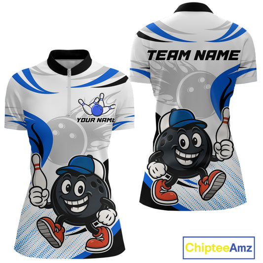 Blue and White Funny Bowling Shirts For Women Custom Team Bowling Polo, 1/4 Zip Jerseys NQS11103