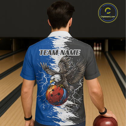 Lightning Thunder Eagle Bowling Hawaiian Shirt Custom bowling Team Button up shirts | Blue NQS11309
