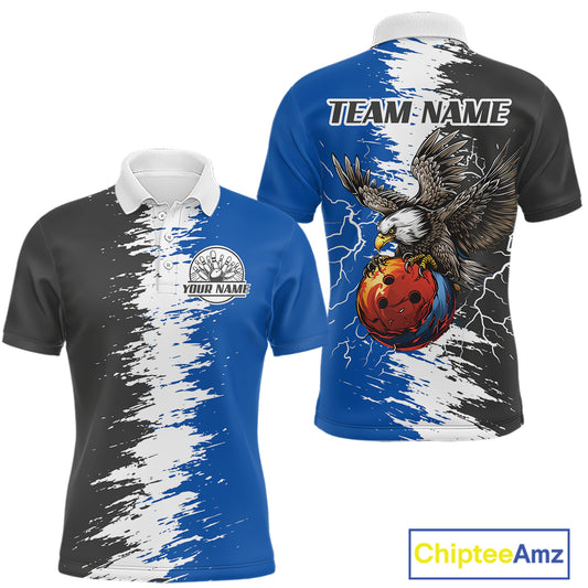 Lightning Thunder Eagle Bowling Polo, Quarter Zip Shirt For Men Custom bowling Team jerseys | Blue NQS11309