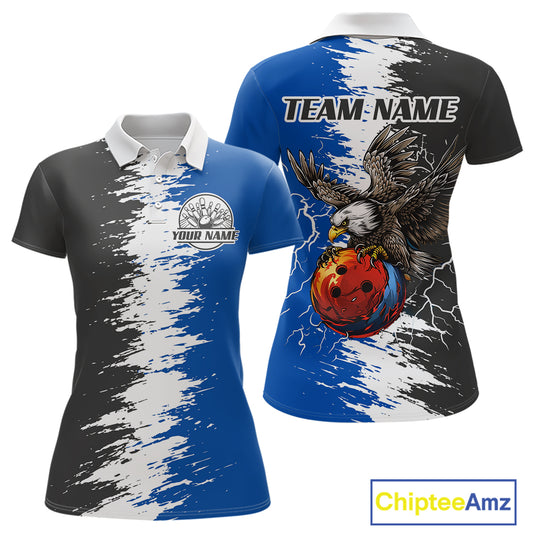 Lightning Thunder Eagle Bowling Polo, Quarter Zip Shirt For Women Custom bowling Team jerseys | Blue NQS11309