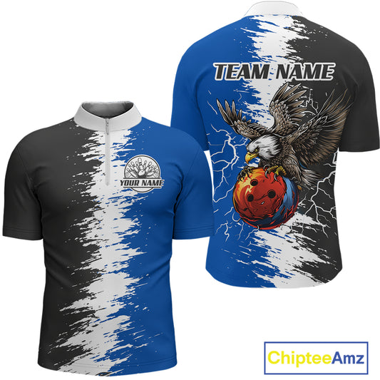 Lightning Thunder Eagle Bowling Polo, Quarter Zip Shirt For Men Custom bowling Team jerseys | Blue NQS11309