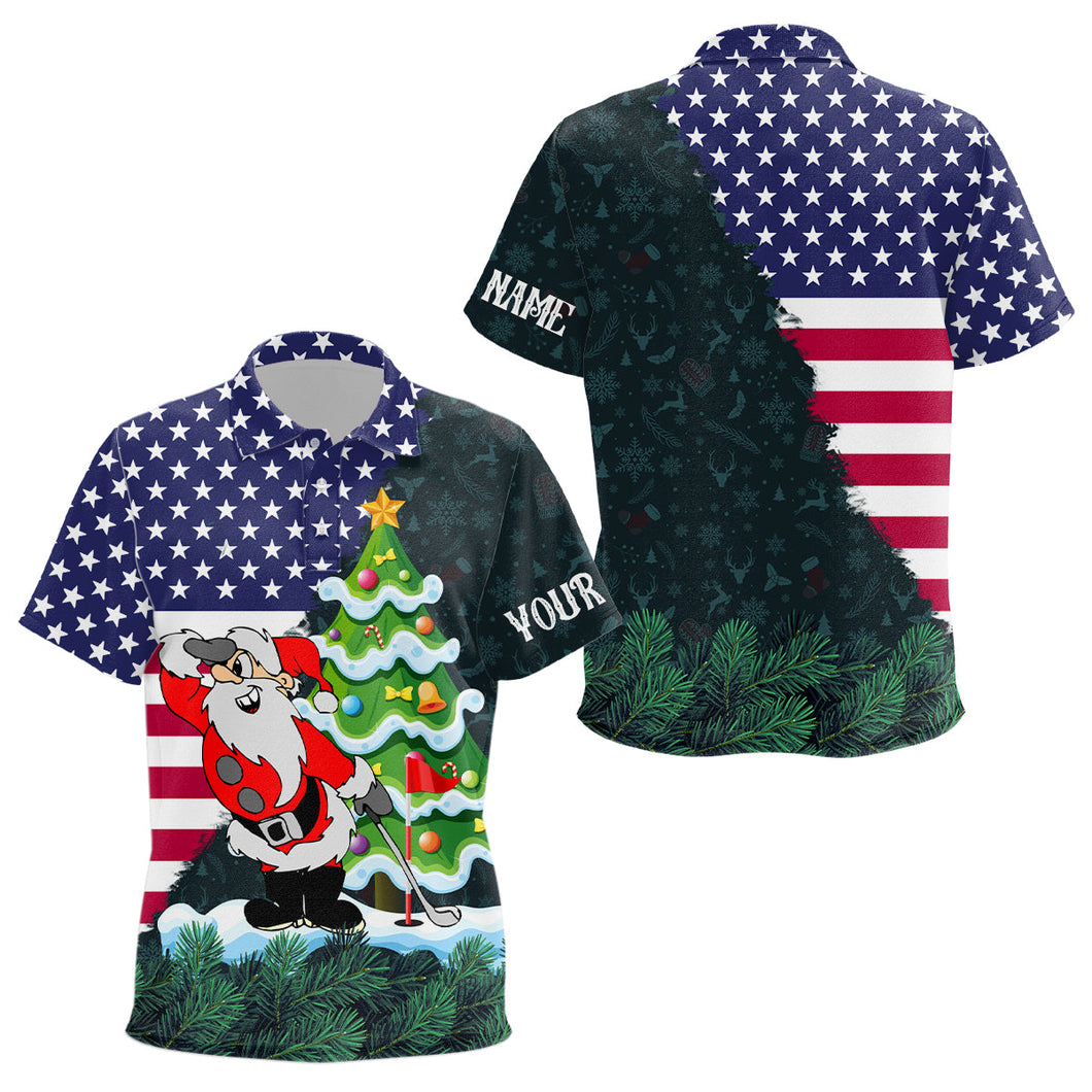 American flag Christmas Santa golf pattern custom Kid golf polo shirts, christmas golf apparel NQS8115