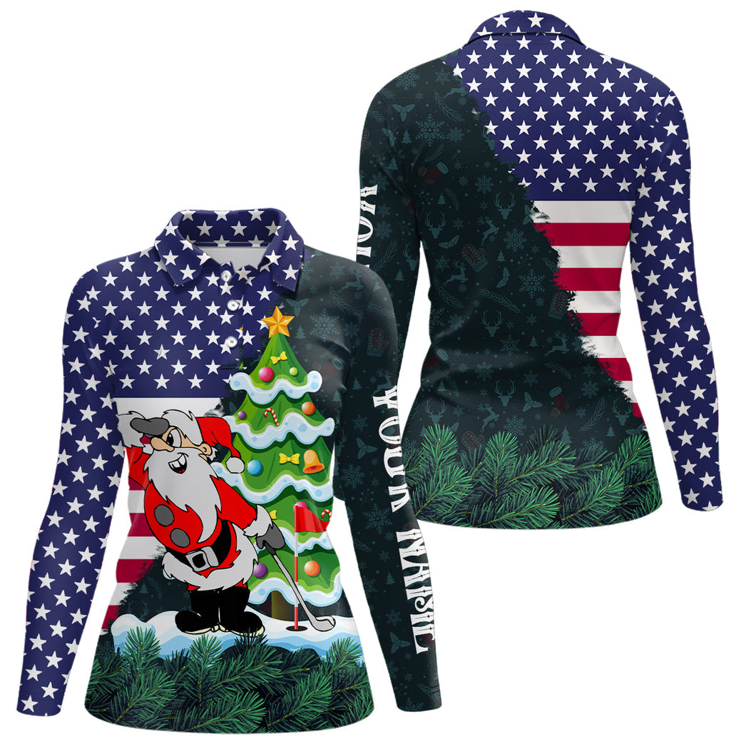 American flag Christmas Santa golf pattern custom Womens golf polo shirts, christmas golf apparel NQS8115