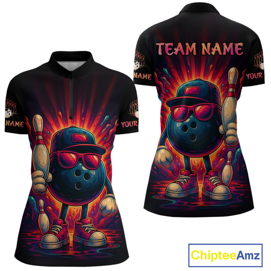 Personalized Funny Bowling Polo, Quarter Zip Shirts For Women Custom Team Bowling League Jerseys NQS11111