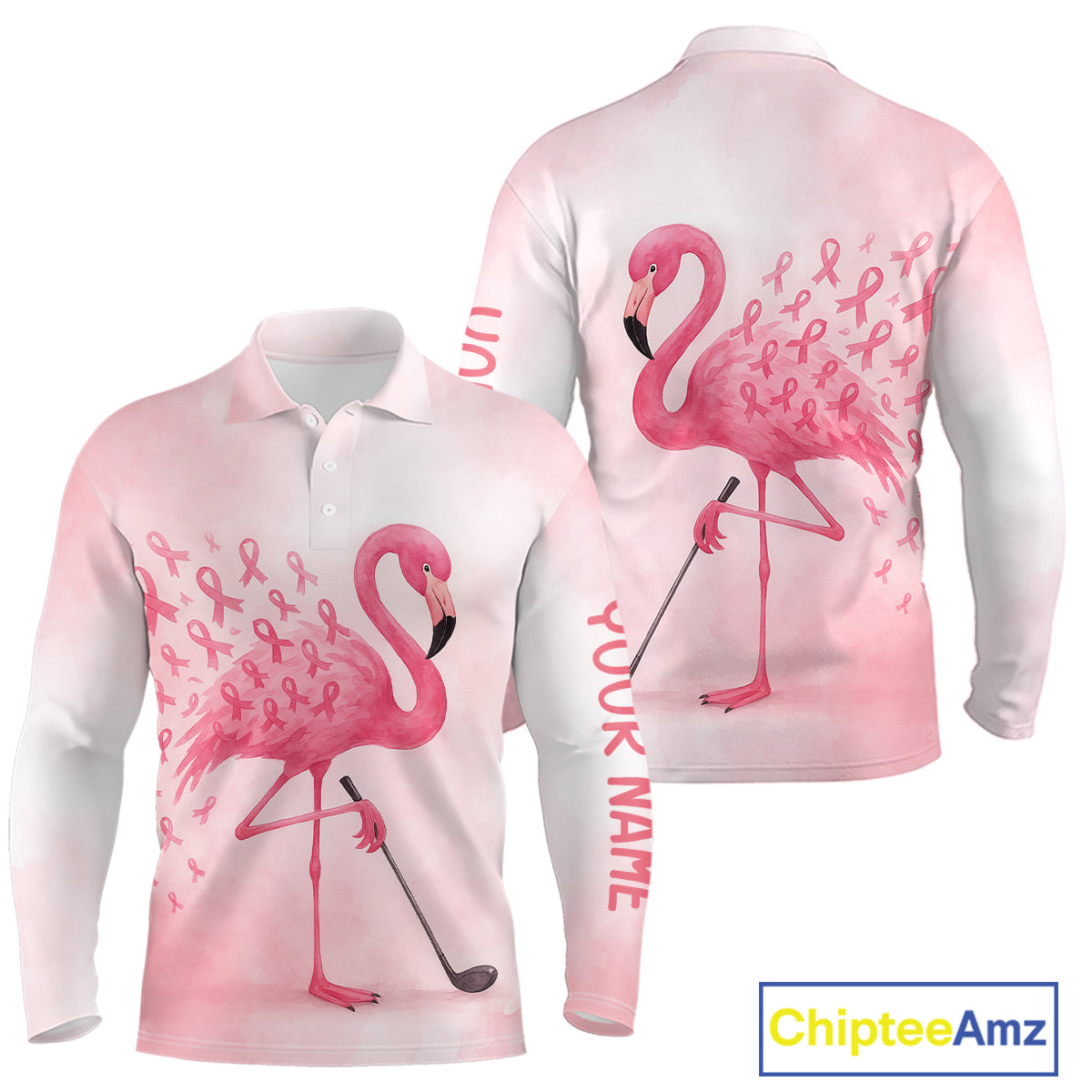 Watercolor Pink Flamingo ribbons Mens golf polo shirts Custom Breast Cancer Awareness men golf attire NQS10512