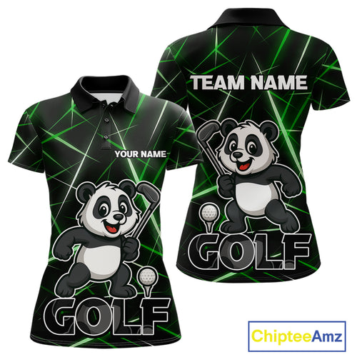 Black and Green Funny Panda Playing Golf Polo Shirt For Women Custom ladies golf clothes golf gift NQS10740