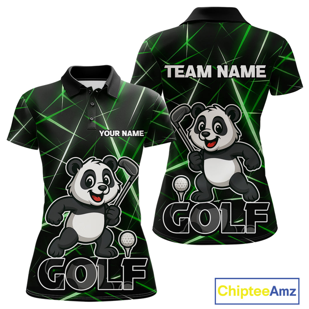 Black and Green Funny Panda Playing Golf Polo Shirt For Women Custom ladies golf clothes golf gift NQS10740