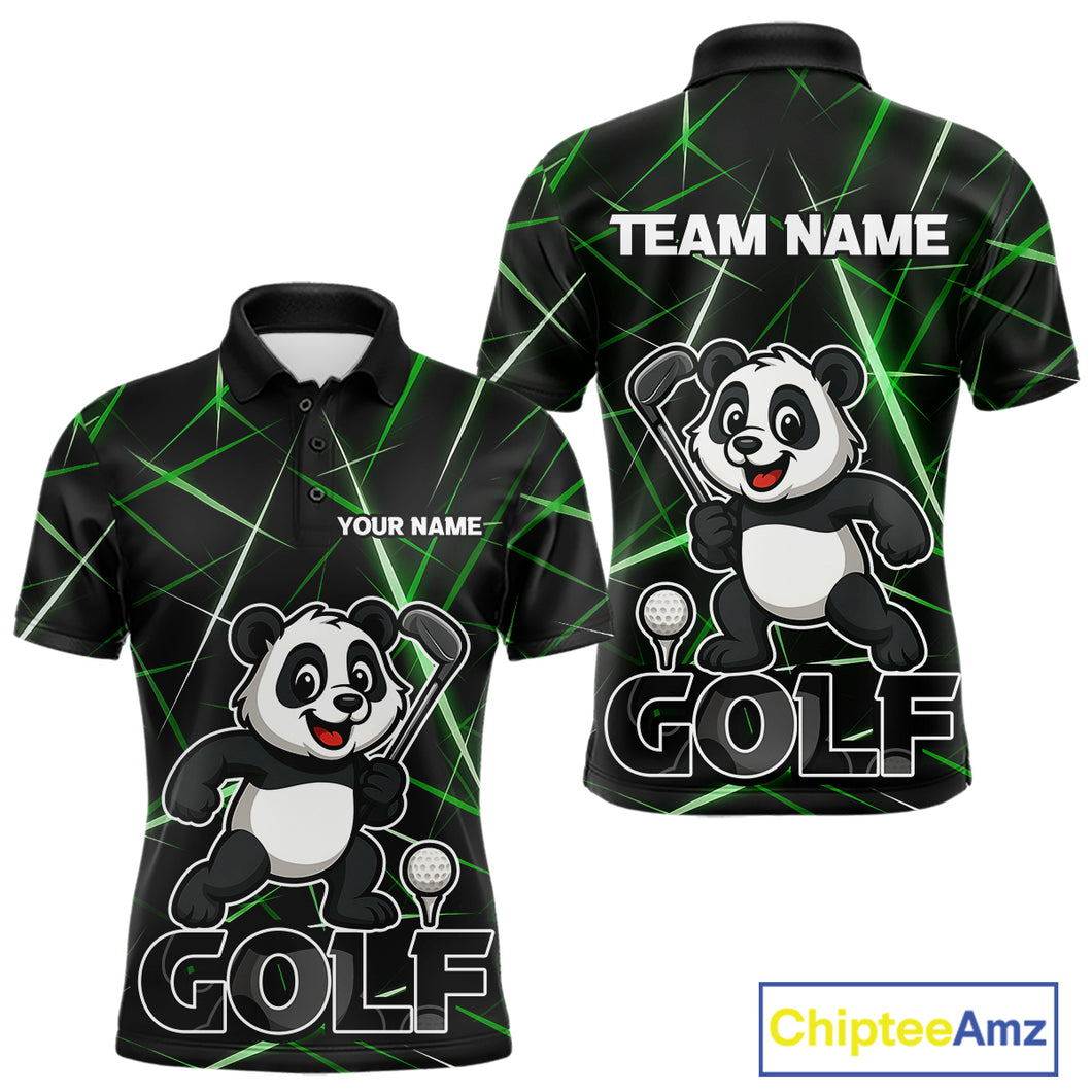 Black and Green Funny Panda Playing Golf Polo Shirt For Men Custom men's golf clothes funny golf gift NQS10740