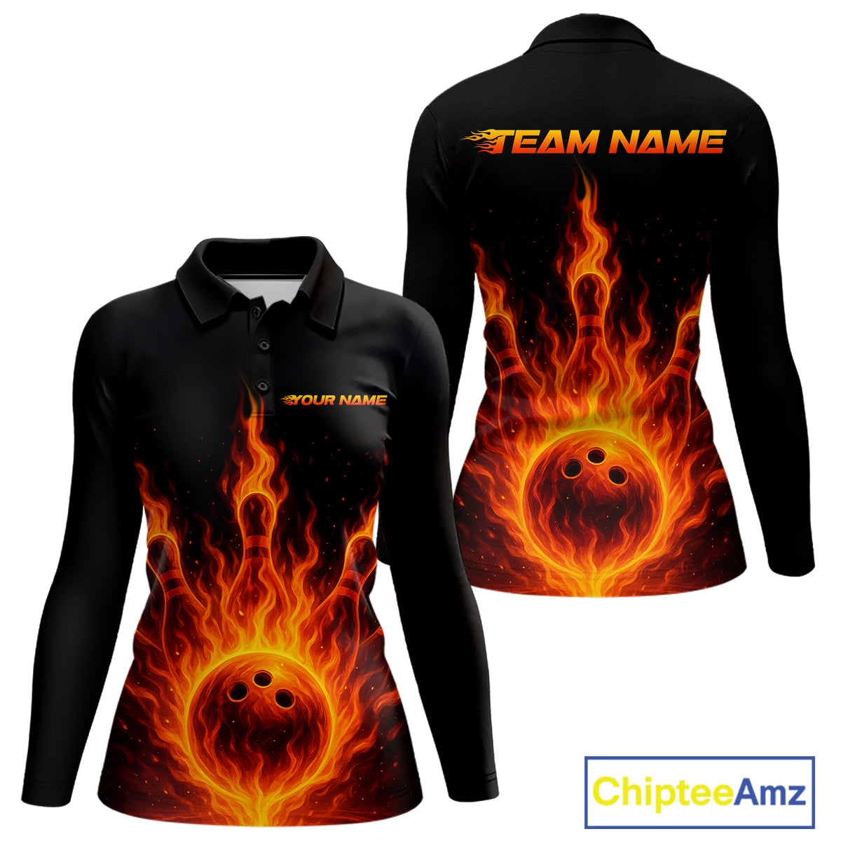 Custom Flame Bowling Polo, Quarter Zip Shirts for Women Custom Team Bowling Uniform NQS10521