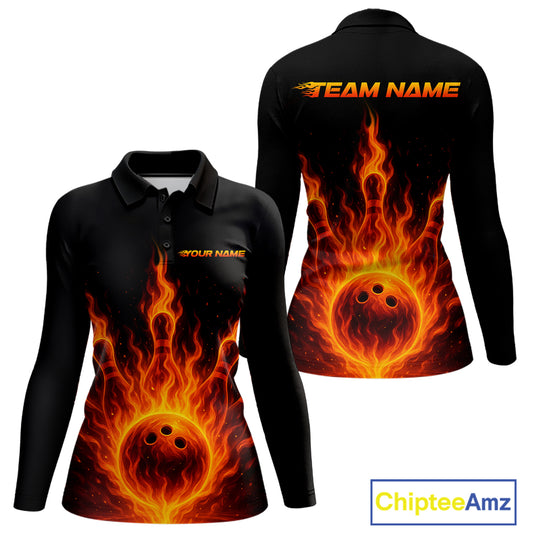 Custom Flame Bowling Polo, Quarter Zip Shirts for Women Custom Team Bowling Uniform NQS10521