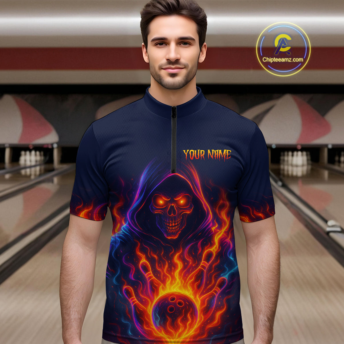 Custom Orange Flame Skull Bowling Shirts for Men Custom Team Bowling Shirts, gift for bowlers NQS10522