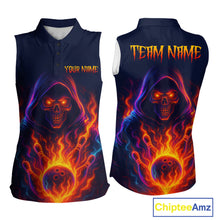 Load image into Gallery viewer, Custom Orange Flame Skull Bowling Sleeveless Polo Shirt Custom Team Bowling Shirts, gift for bowlers NQS10522