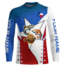 Load image into Gallery viewer, Redfish, Trout, Flounder Texas slam flag Custom Long Sleeve Fishing Shirts, Patriotic fishing Jerseys NQS7541