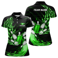 Load image into Gallery viewer, Womens bowling polo shirts Custom Green flame Bowling ball and pins Team league bowler Jersey NQS7370