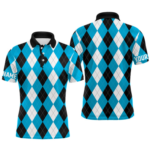 Mens golf polo shirts custom cyan blue argyle plaid pattern golf attire for men, golfing gifts NQS7695